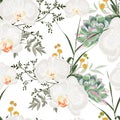 Tropic summer painting seamless pattern with succulent, herbs, fern and white orchid flowers.