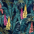 Tropic summer painting seamless vector pattern with palm banana leaf and plants. Floral jungle lupines paradise flowers.
