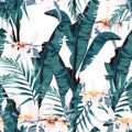 Tropic summer painting seamless vector pattern with palm banana leaf and plants. Royalty Free Stock Photo