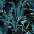 Tropic summer painting seamless vector pattern with palm banana leaf and plants. Royalty Free Stock Photo