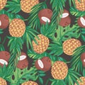 Tropic sweet fuits - pine apple and coconut with palm tree leaves. Seamless pattern with hand drawn illustrations with tropical