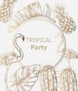 Tropic vintage pattern with flamingo and pineapple Vector. Retro extotic paradise shiny design textures Royalty Free Stock Photo