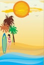 Tropical beach background with Palms trees,woman with surfboard.Cartoon vector illustration. Summer vacation party on sea coast.