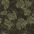 Camouflage tropical pattern with tropical plants. Exotic camo background with monstera leaves.