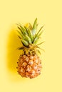 Tropical abstract background, pattern with coconut and pineapple, on yellow background. Summer concept. Flat lay, top Royalty Free Stock Photo