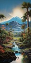 Tropical Adventure: Vibrant Landscape Painting With Mountains And Palm Trees