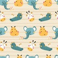 Tropical Africa. Seamless pattern with cute animals faces. Childish print for nursery in a Scandinavian style. For baby clothes, Royalty Free Stock Photo