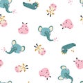 Tropical Africa. Seamless pattern with cute animals faces. Childish print for nursery in a Scandinavian style. For baby clothes, Royalty Free Stock Photo