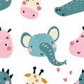 Tropical Africa. Seamless pattern with cute animals faces. Childish print for nursery in a Scandinavian style. For baby clothes, Royalty Free Stock Photo