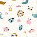 Tropical african rainbow Seamless pattern with cute animals faces. Childish print for nursery in Scandinavian style. For Royalty Free Stock Photo