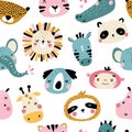 Tropical african Seamless pattern with cute animals faces. Childish print for nursery in a Scandinavian style. For baby Royalty Free Stock Photo