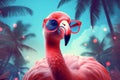sunglasses feather tropical bird animal party hipster flamingo summer pink. Generative AI. Royalty Free Stock Photo