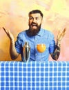 Tropical alcohol fresh cocktail and shaker on blue checkered plaid on colorful texture background. Brutal caucasian