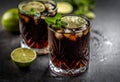 Tropical alcoholic cocktail Cuba Libre composed of white rum, cola, ice cubes, lime and mint Royalty Free Stock Photo