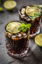 Tropical alcoholic cocktail Cuba Libre composed of white rum, cola, ice cubes, lime and mint Royalty Free Stock Photo