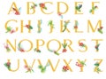 Tropical Alphabet San-serif font typographic design summer with plants foliage concept,creative watercolor vector illustration