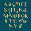 Tropical Alphabet San-serif font typographic design summer with plants foliage concept,creative watercolor vector illustration