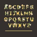 Tropical Alphabet Serif font yellow typographic design summer with plants foliage concept,creative watercolor vector illustration