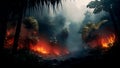 Tropical Amazon forest on fire with thick black smoke and ashes covering the sky. AI generated Royalty Free Stock Photo