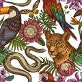 Tropical animals seamless pattern background design. Engraved style. Hand drawn leopard, snake, toucan, scarlet macaw