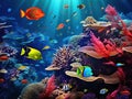 Ai Generated illustration Wildlife Concept of Tropical Anthias fish with net fire corals and shark