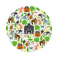 Tropical apes and monkeys in round frame composition, vector illustration. Flat style cartoon characters, jungle nature Royalty Free Stock Photo