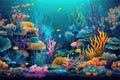 tropical aquarium with schools of tropical fish swimming among colorful corals and shells Royalty Free Stock Photo