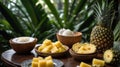 Exotic Still Life: Pineapple and Coconut Delights Amidst Lush Tropical Foliage Royalty Free Stock Photo