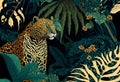 Tropical art nouveu, art deco print design with leaves and leopard. Generative ai