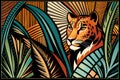 Tropical Art Nouveu, Art Deco Print Design With Leaves And Leopard. Generative AI