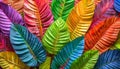 Tropical background with bright colored palm leaves