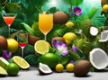 Tropical background coconut cocktails flowers 3D shadows Royalty Free Stock Photo