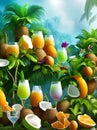 Tropical background coconut cocktails flowers 3D shadows Royalty Free Stock Photo