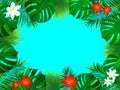 Tropical background with exotic jungle rainforest palms leaves, monstera, flowers. Horizontal border frame. Floral Royalty Free Stock Photo