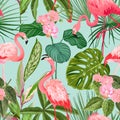 Tropical Background with Flamingo and Palm Leaves. Green Plants Paper or Textile Print, Rainforest Decorative Wallpaper Royalty Free Stock Photo