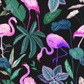 Tropical Background with Flamingo and Palm Leaves. Seamless Pattern, Exotic Tropic Wrapping Paper Royalty Free Stock Photo