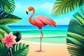 Tropical Background With Flamingo And Palm Tree Leaves, Summer Vacation. Generative AI