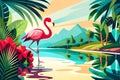 Tropical Background With Flamingo And Palm Tree Leaves, Summer Vacation. Generative AI