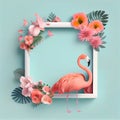 Tropical background with flamingo and palm tree leaves, summer vacation, generative AI