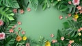 Tropical background with green leaves and flowers. Vector illustration. Royalty Free Stock Photo