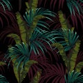 Tropical background with jungle plants. Seamless vector tropical pattern with blue palm leaves and green bananas leaves. Royalty Free Stock Photo