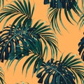 Tropical background with jungle plants. Seamless vector tropical pattern with dark green palm leaves Royalty Free Stock Photo