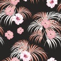 Seamless vector tropical pattern with light palm leaves and tropical pink hibiscus flowers on black background. Royalty Free Stock Photo
