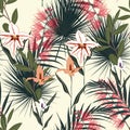 Tropical background with jungle plants. Seamless vector tropical pattern with palm leaves and exotic orchid and protea flowers. Royalty Free Stock Photo