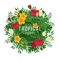 Tropical background with leaves and flowers of monstera and palm. Flowers and buds of hibiscus.