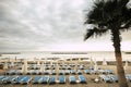 Tropical background with palm and beach. empty seats and umbrellas to enjoy the relax and the silence with ocean and nature.