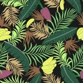 Tropical background with palm leaves and bananas. Seamless floral pattern. Summer vector illustration. Flat jungle print Royalty Free Stock Photo