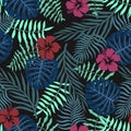 Tropical background with palm leaves and flowers. Seamless floral pattern. Summer vector illustration. Flat jungle print Royalty Free Stock Photo