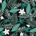 Tropical background with palm leaves and flowers. Seamless floral pattern. Summer vector illustration. Royalty Free Stock Photo