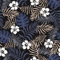 Tropical background with palm leaves and hibiscus flowers. Seamless floral pattern. Summer vector illustration. Flat jungle print Royalty Free Stock Photo